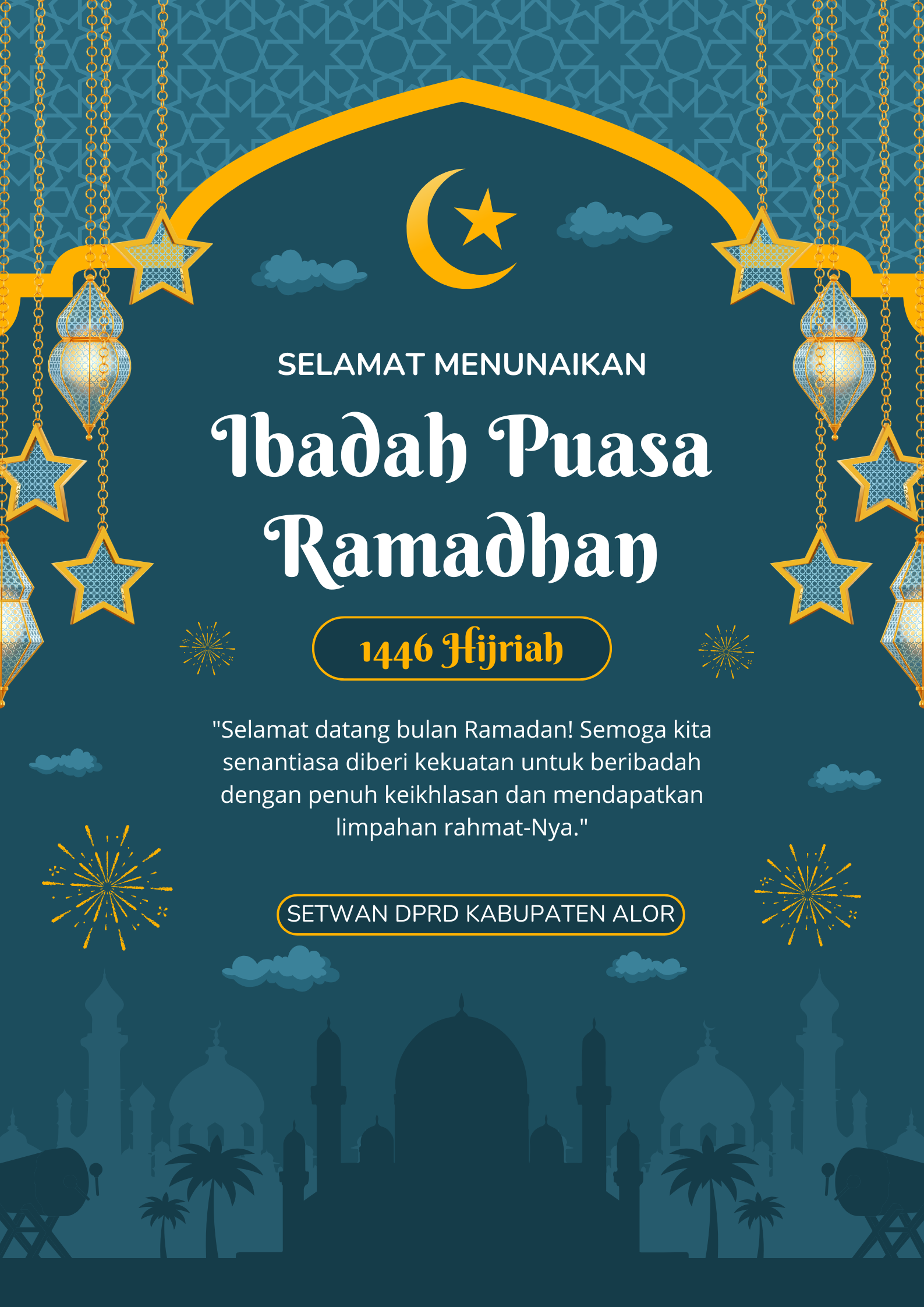 Biru dan Putih Ucapan Selamat Menunaikan Ibadah Puasa Ramadhan Poster